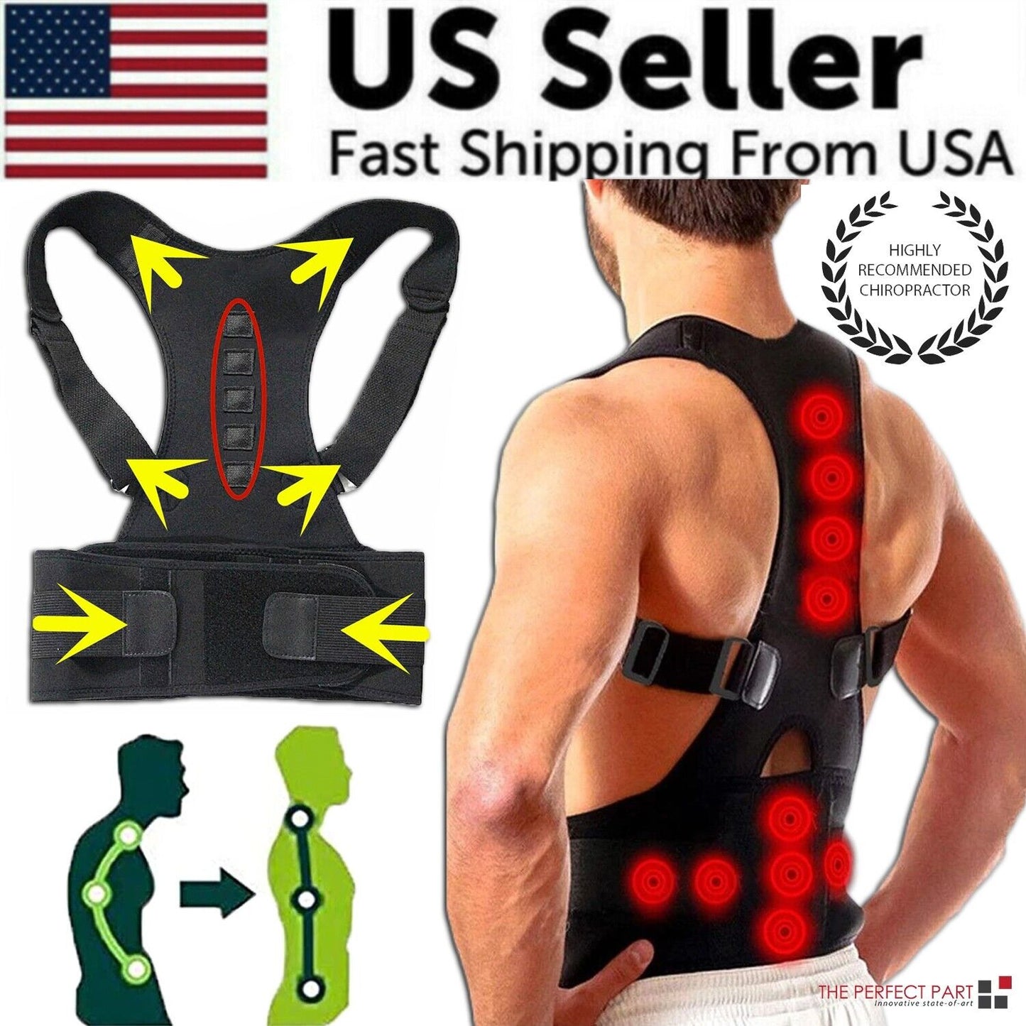 Posture Corrector Support w/ Magnetic Back Shoulder Brace Belt Band; for men and women